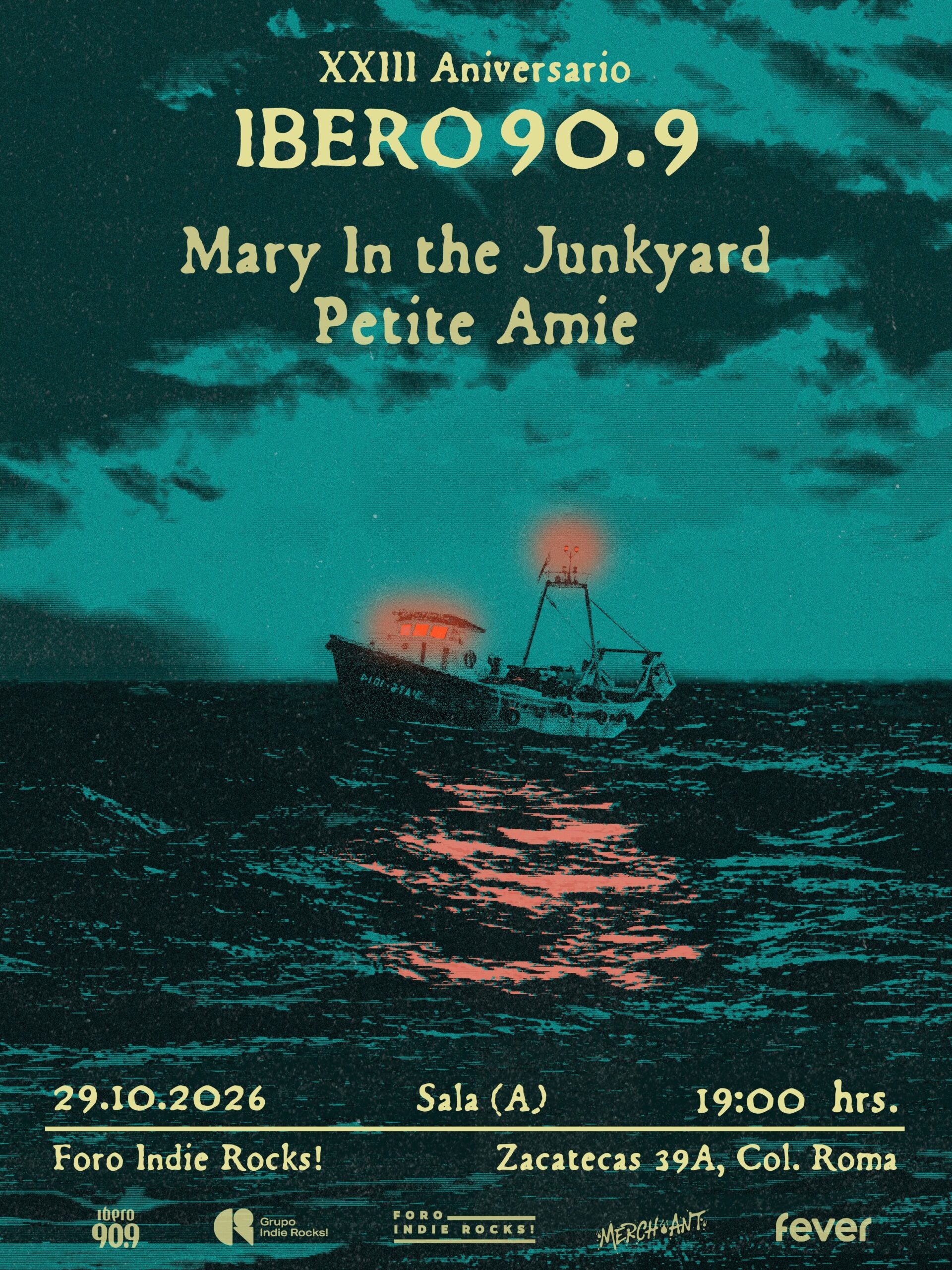 Flyer oficial de mary in the junkyard y Petite Amie en el XXIII aniversario de Ibero 90.9