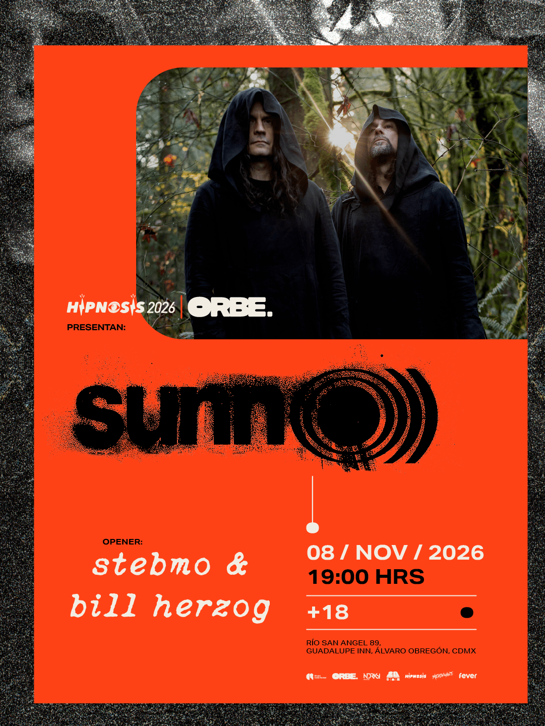 Cartel oficial de SUNN O))) en ORBE, Ciudad de México, 8 de noviembre de 2026